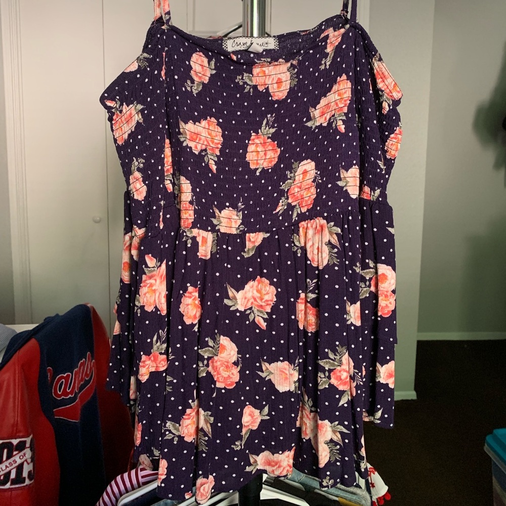 Off the shoulder floral blue polka dot blouse